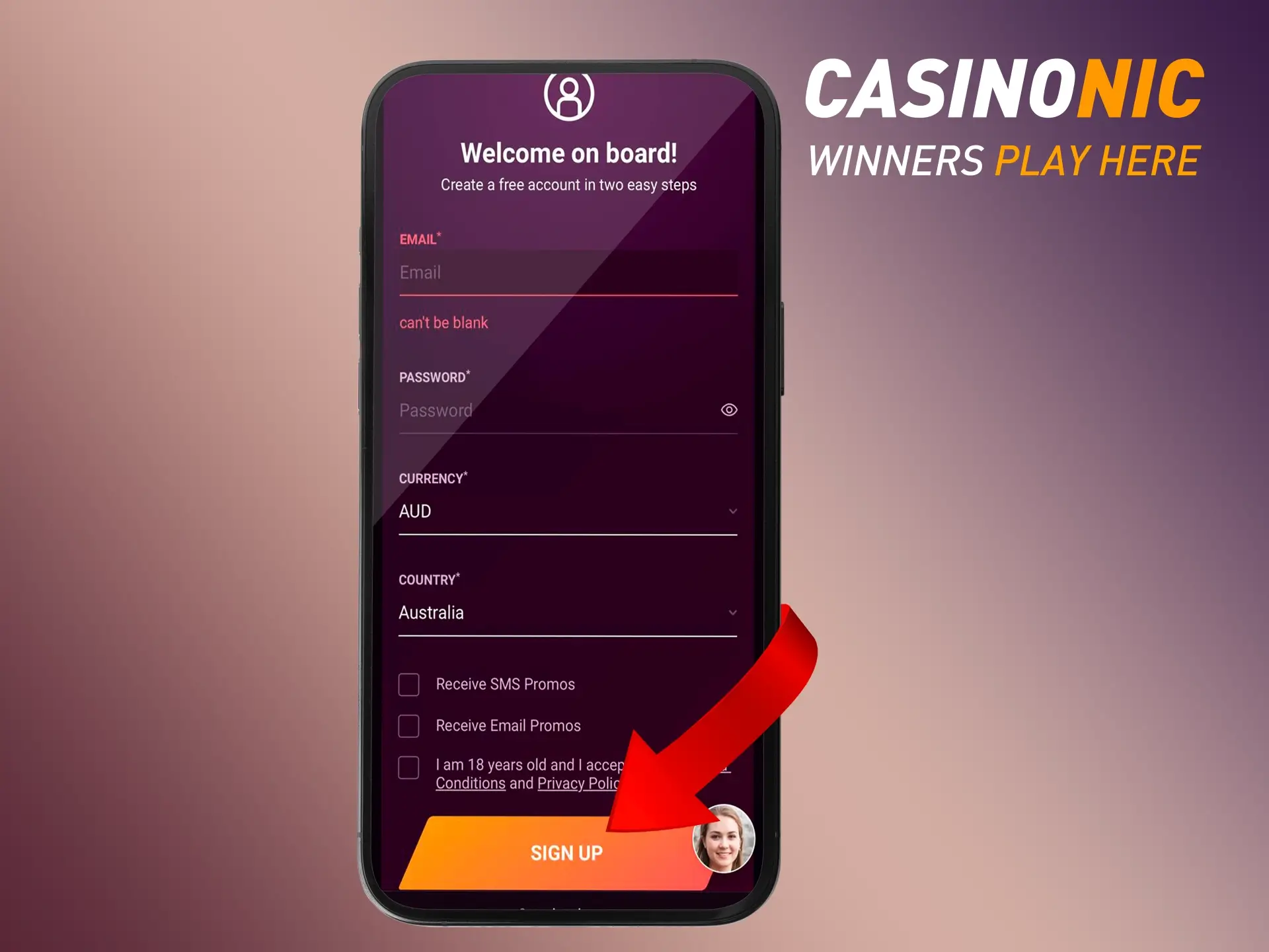 Complete the registration form and log in to your Casinonic casino account.