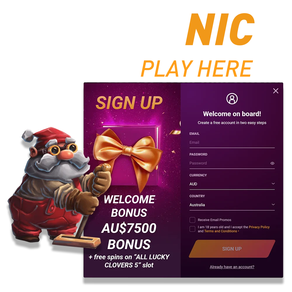Log in or create your Casinonic account on the official Australian website.