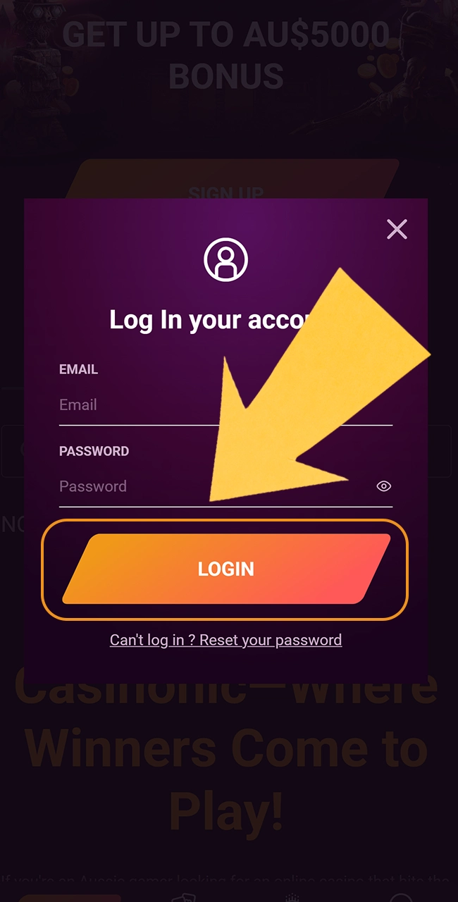 Click the login button to enter your Casinonic account securely.