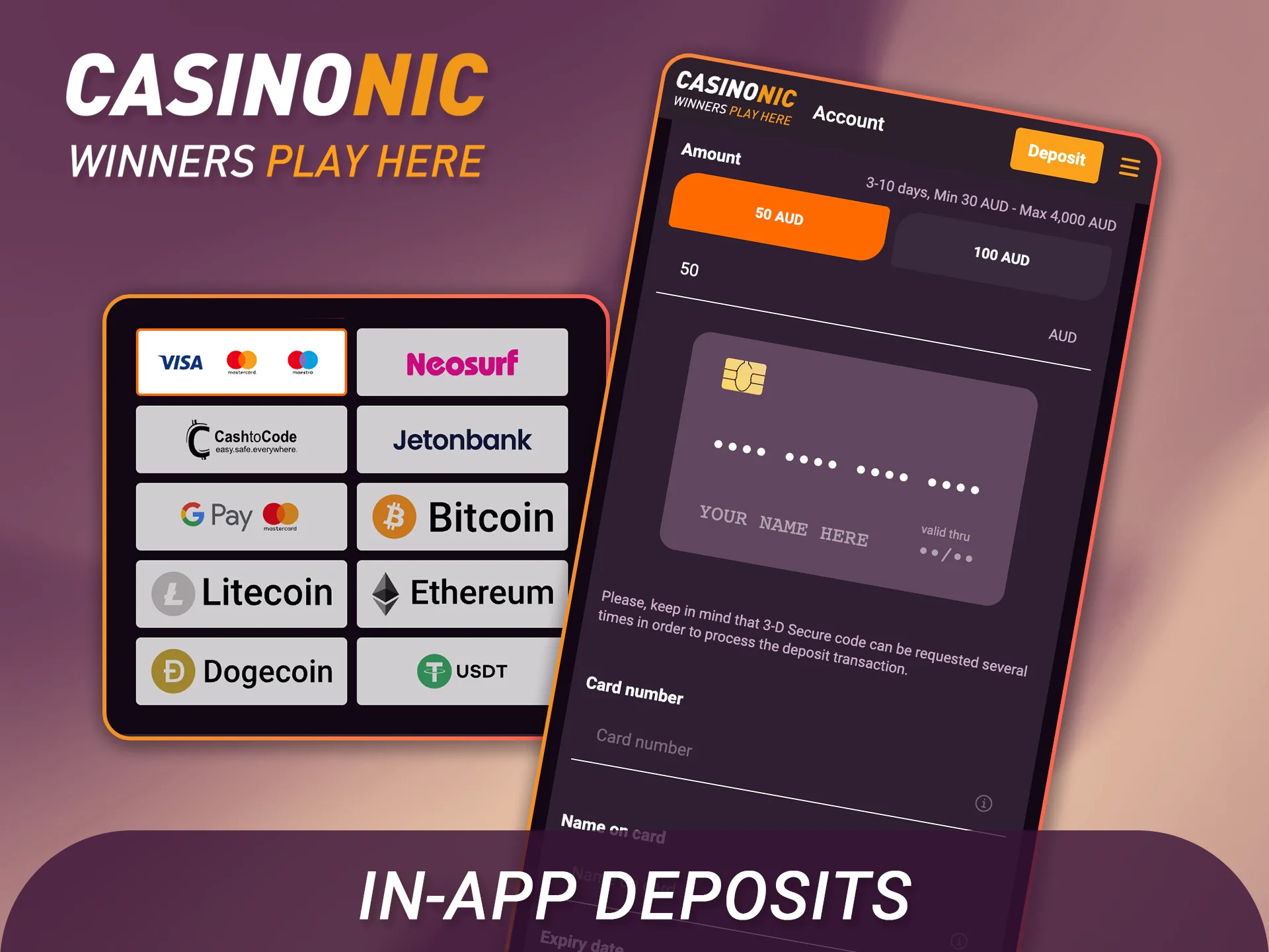 Read more about in-app deposits to fund your Casinonic app account.