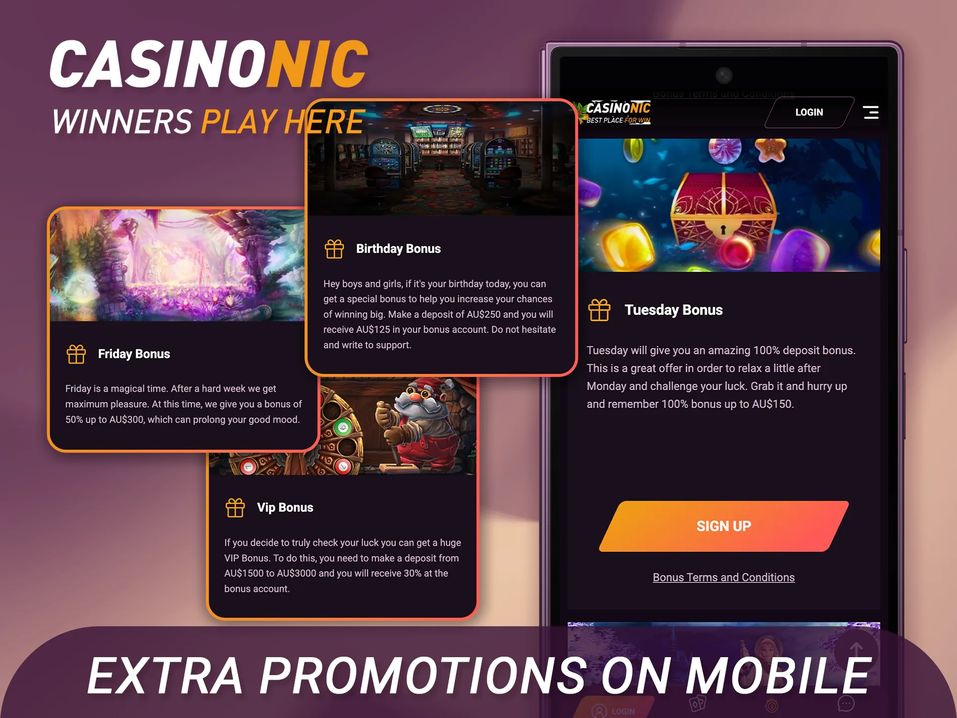 Discover extra promotions on Casinonic mobile version to win more.
