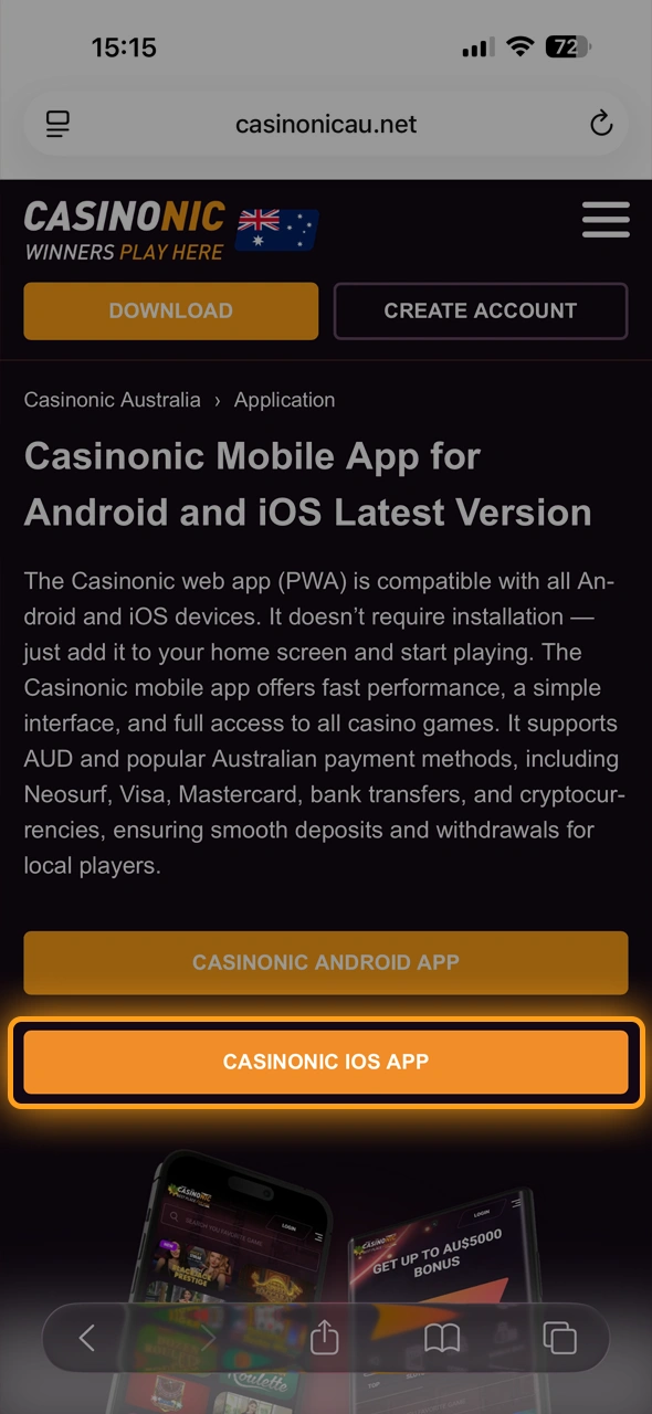 Use your mobile browser to go to the official Casinonic site.