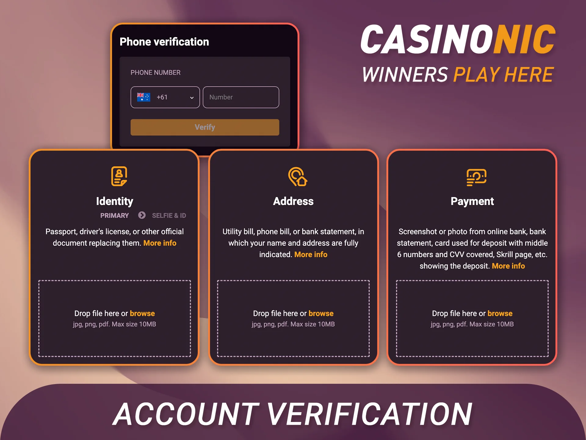 Complete the account verification at Casinonic to secure your Australian profile.