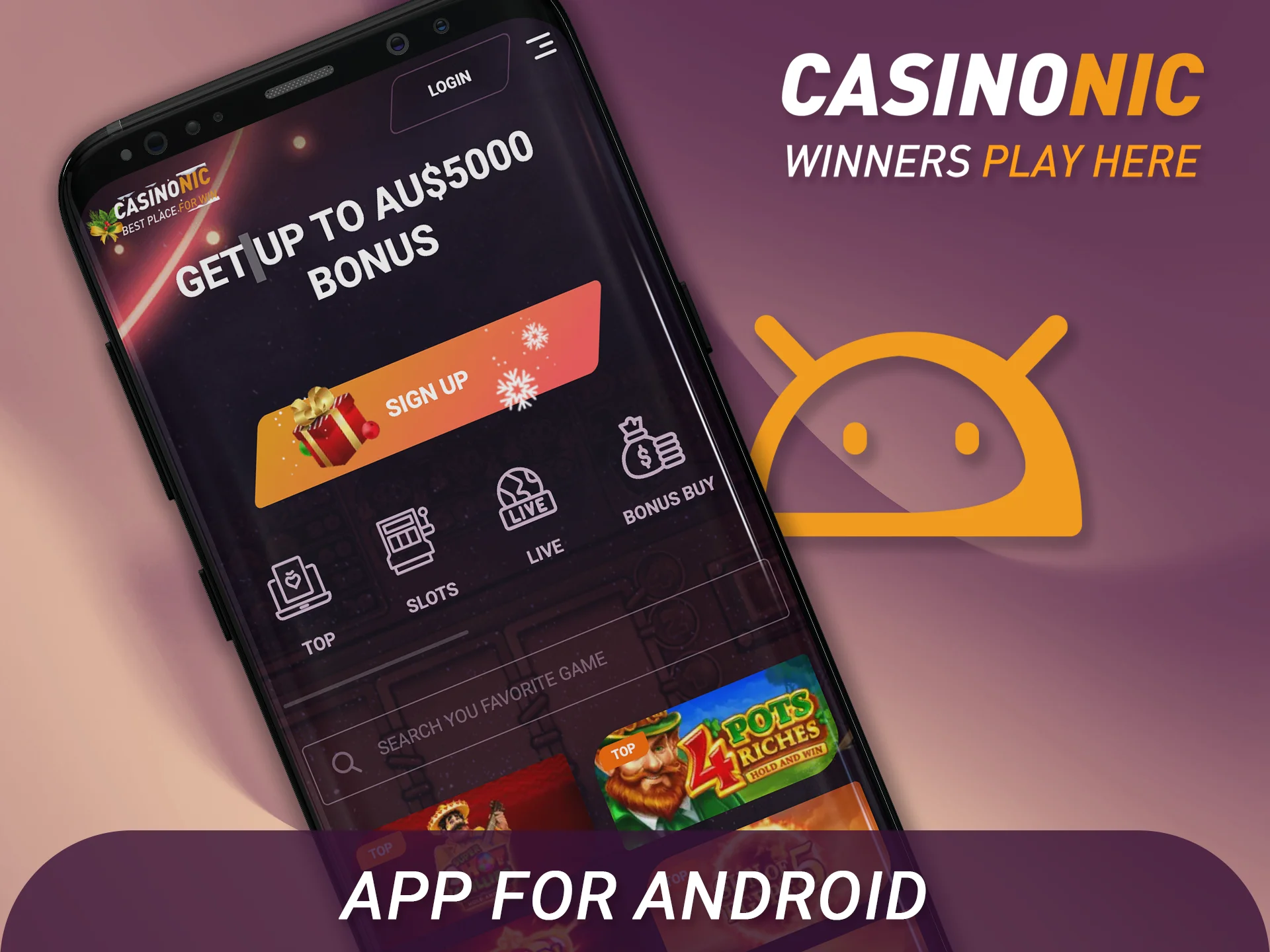 Download the Casinonic app for Android and play games in Australia.