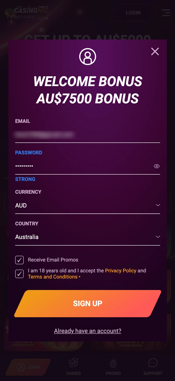 Fill in your details to complete the Casinonic registration form.