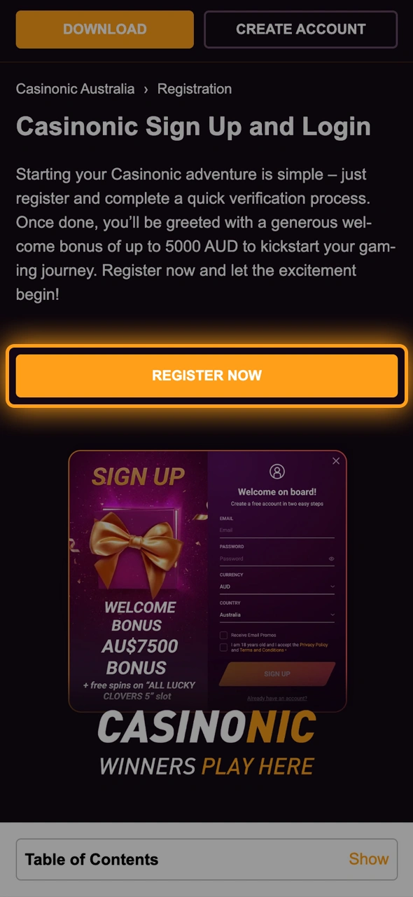 Click the register button to get started with Casinonic registration.