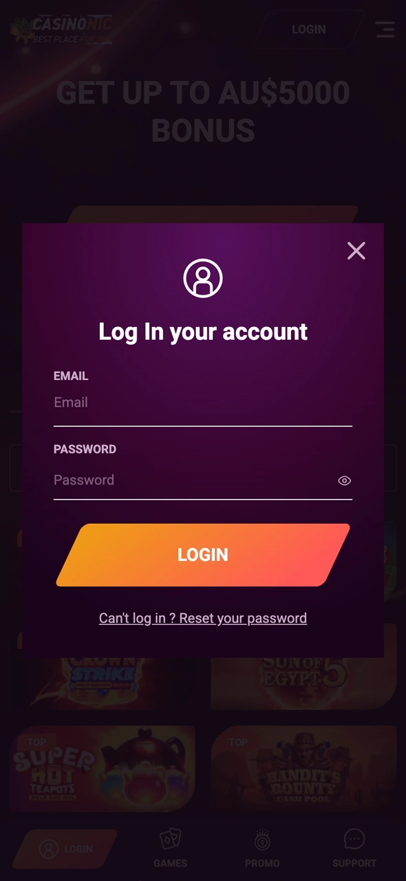 Log in and start playing after finishing your Casinonic registration.
