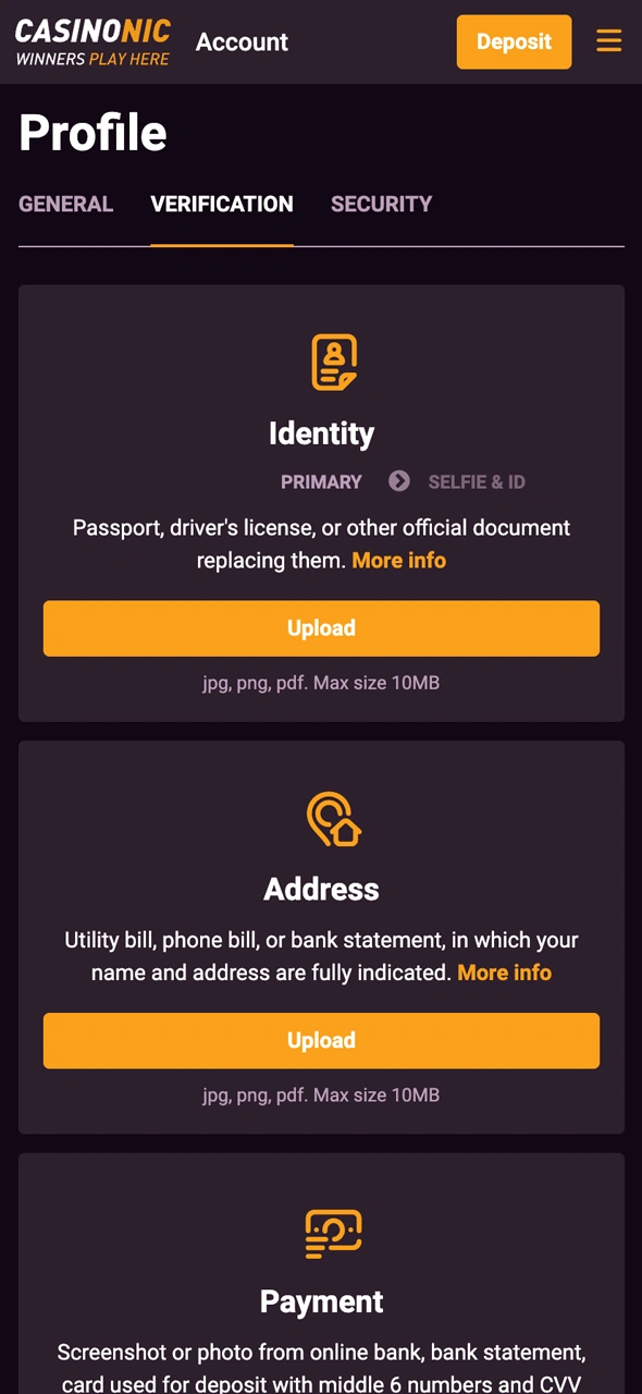 Verify your account to finalize the Casinonic registration process safely.