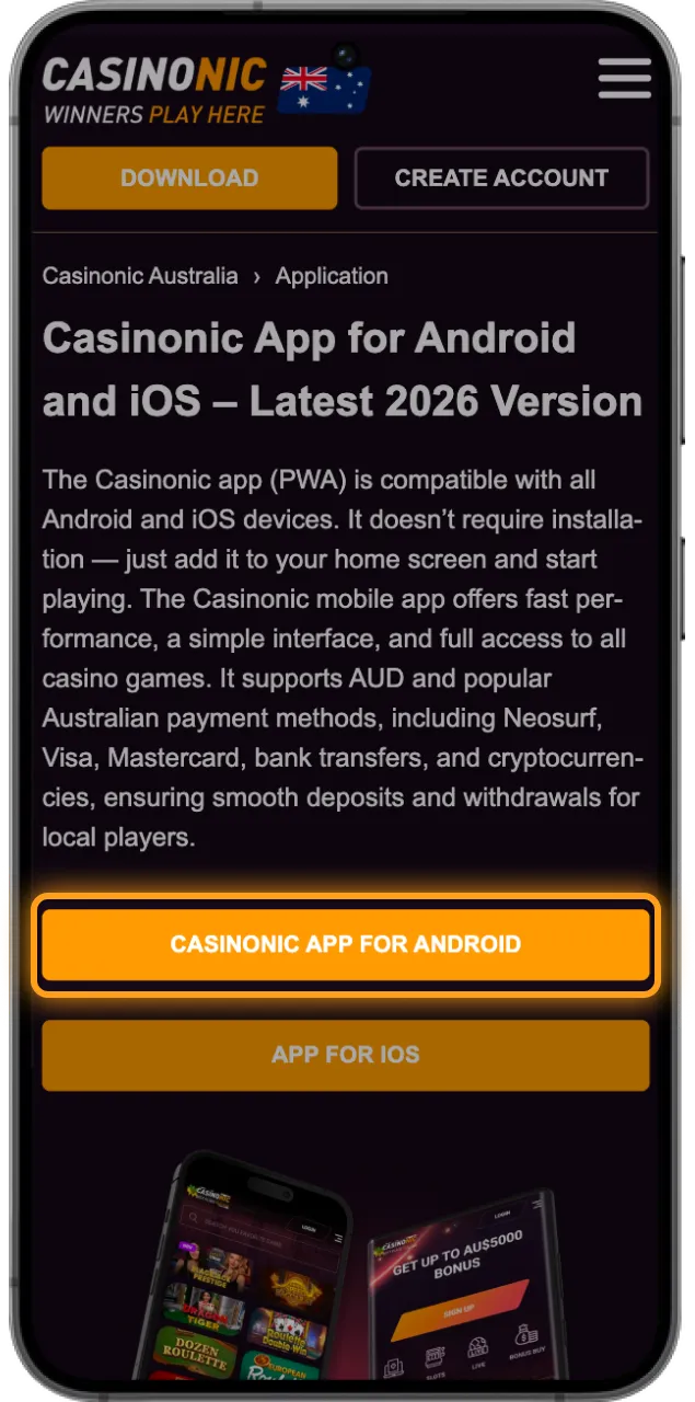 Use the direct link to download Casinonic app for Android.