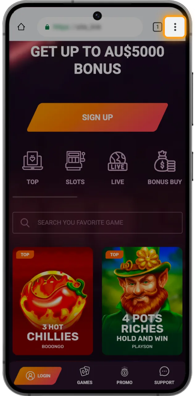 Open the menu on the Casinonic online casino website to find the button to install the app on your Android phone.