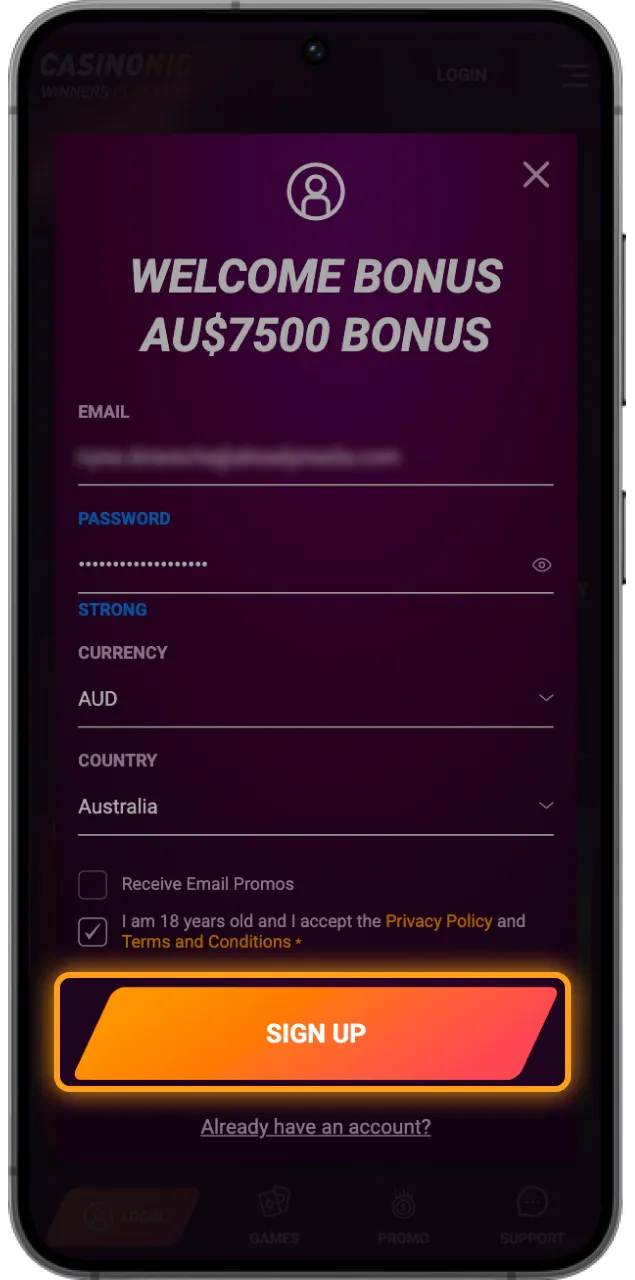 Create an account to download the Casinonic online casino app on your Android phone.