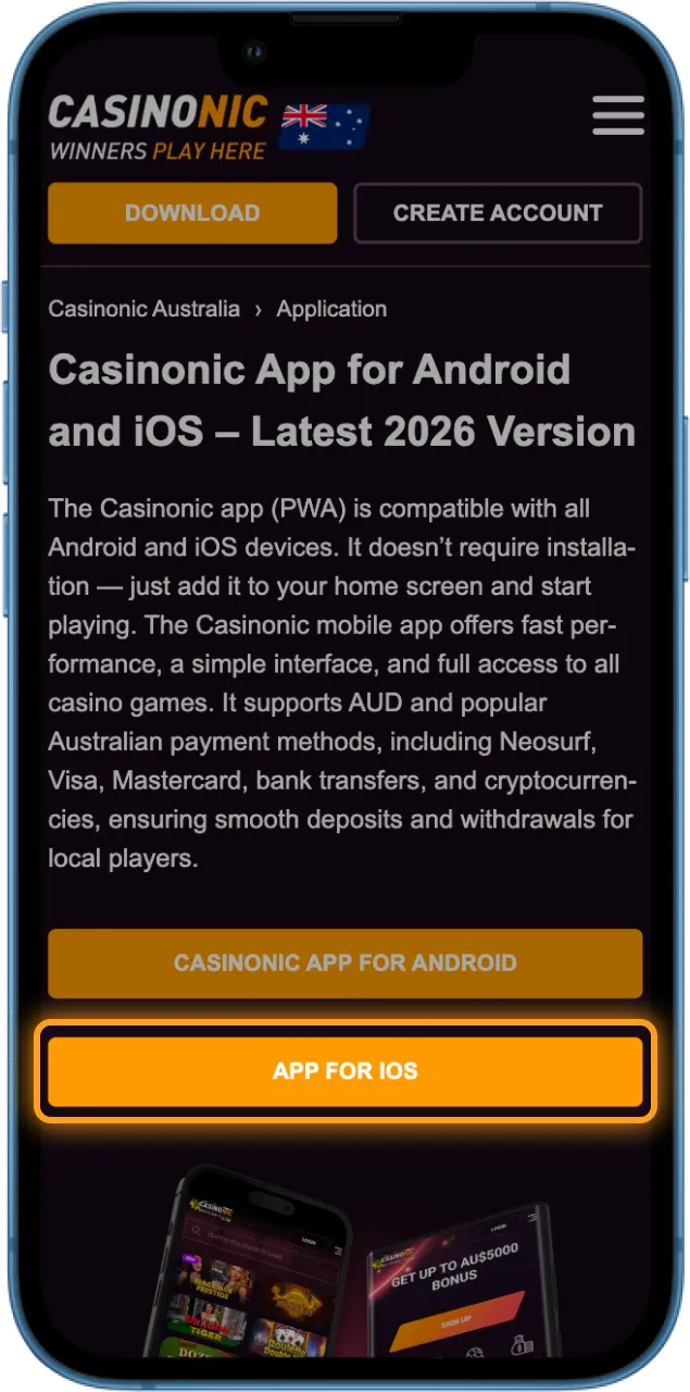 Use your mobile browser to go to the official Casinonic site.