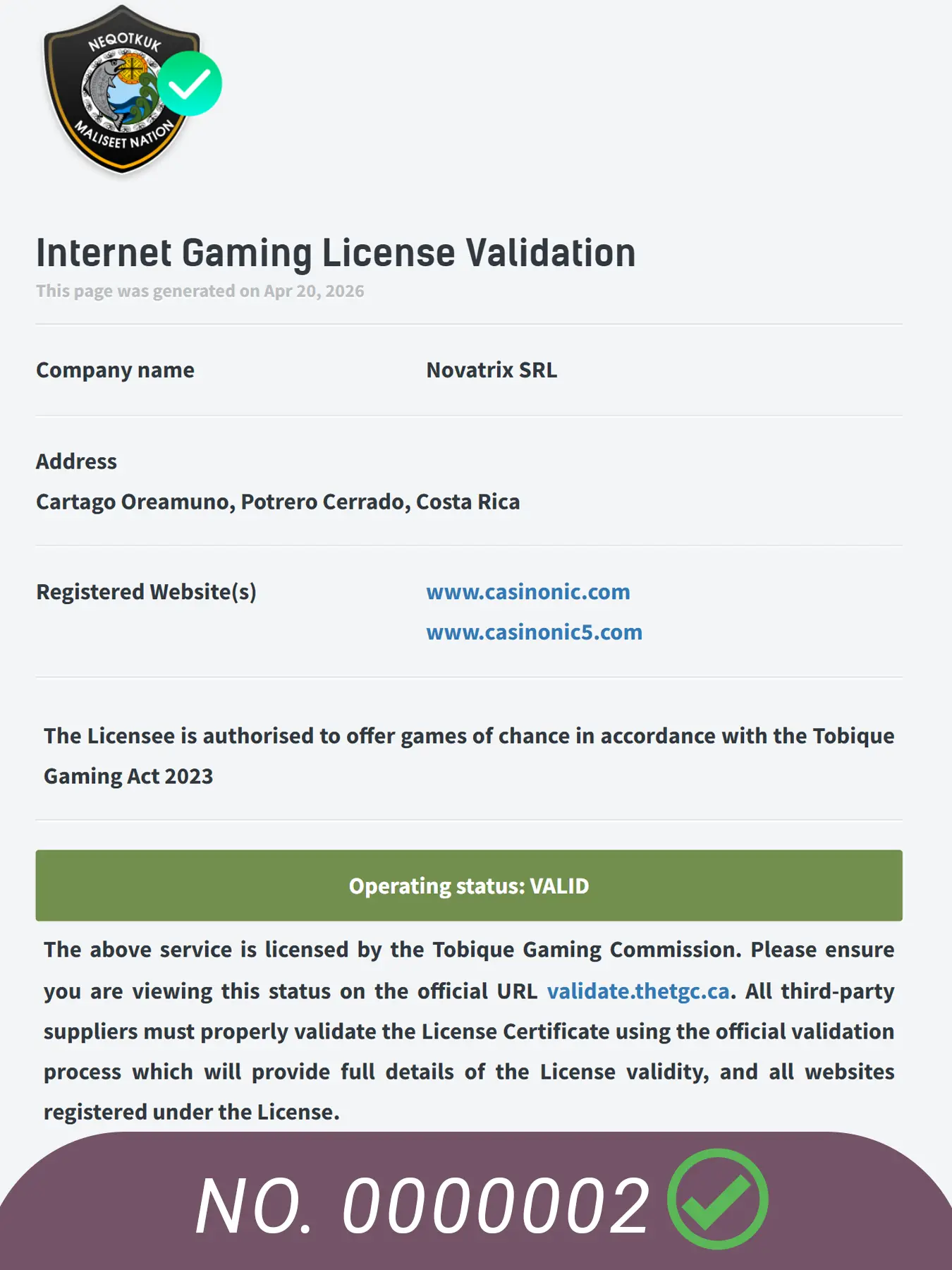 Check our license and regulation details on the Casinonic site now.