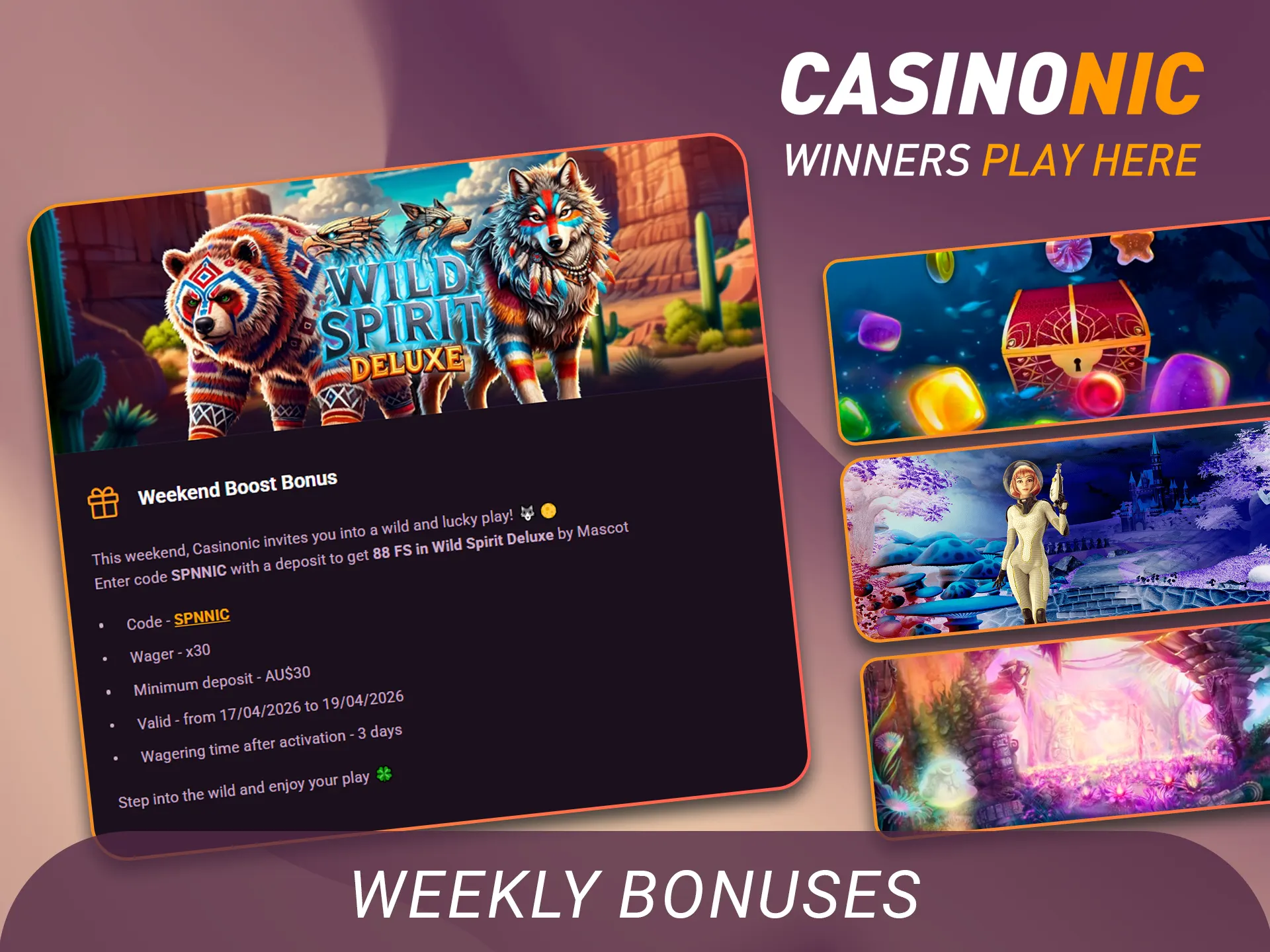 Claim weekly bonuses on the Casinonic site today.